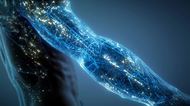 Cold therapy reducing inflammation and swelling in human arm, revealing glowing zones through advanced medical visualization highlighting healing process and biological interactions