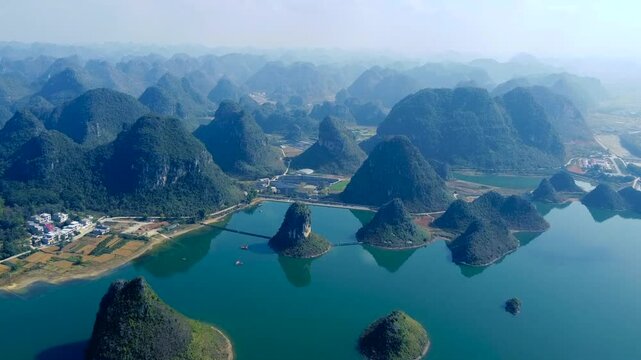 Aerial view of karst landscape at Quyang Lake Scenic Area, Jingxi, Baise, Guangxi, China