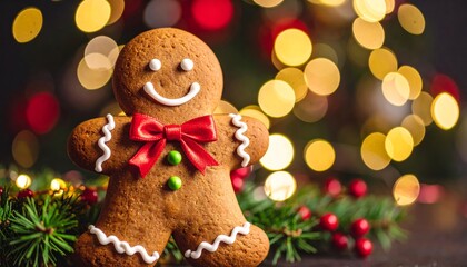 Smiling Gingerbread Man with Festive Lights, Christmas Cookie, Holiday Baking Christmas, Gingerbread