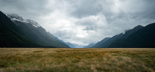 A wide alpine like valley with golden grasses stretches between steep, forested mountains shrouded...