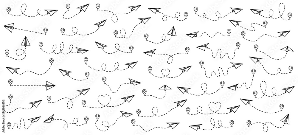 Poster flying paper airplanes with dotted line path collection. origami symbol. sending message concept. ve