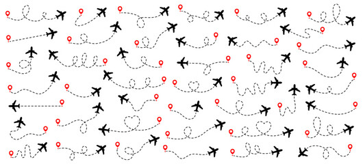 Airplanes with red map pins set. Flying airplanes with dotted line path collection. Travel destination concept. Vector illustration isolated on white.