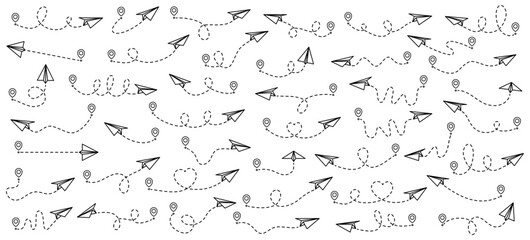 Flying paper airplanes with dotted line path collection. Origami symbol. Sending message concept. Vector illustration isolated on white.