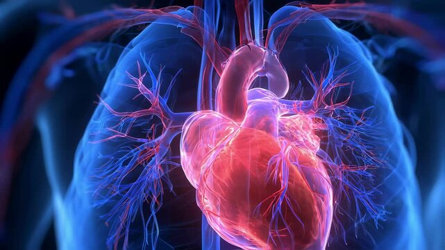 Medical animation showing a beating human heart with a congenital defect, visible through a transparent chest and lungs, highlighting the circulatory system