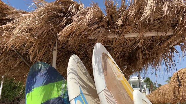 Hurghada Egypt 04 June 2025 Various surfboards under a canopy on the beach. Surfing lessons and rentals