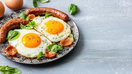 Delicious Breakfast Plate Featuring Eggs Sausages and Fresh Tomatoes