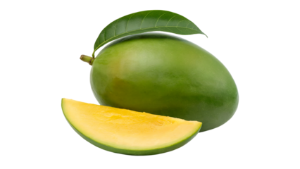 Ripe green mango fruit with a slice showing vibrant yellow flesh and a leaf a delicious tropical treat perfect for food blogs and websites, transparent background