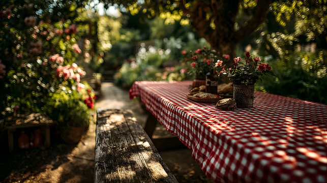 Fototapeta Wooden table with red gingham cloth in a lush garden ready for a summer barbecue