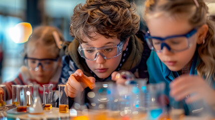 A group of enthusiastic children work on a chemistry experiment, wearing goggles and engaging with colorful lab equipment. A powerful moment of teamwork and STEM learning.