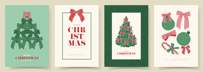 Merry Christmas and Happy New Year holiday cards. Trendy Christmas posters with bows, balls, candy cane and typography design. Contemporary minimalist New Year fluers for branding, cover, social media