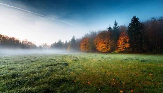 dark autumn forest and grassy field with crawling fog