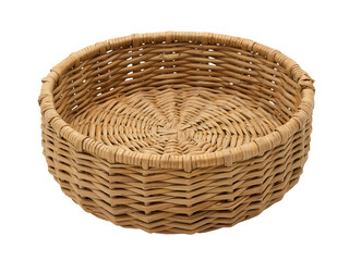 Fototapeta premium A handcrafted round wicker basket ideal for home decor storage or rustic display featuring intricate woven patterns and a light beige color, transparent background