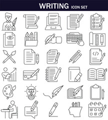 Minimalist writing icon set featuring pens, papers, notebooks, keyboards, and creative tools. Perfect for content creation, education, and design projects. Line style, editable strokes.