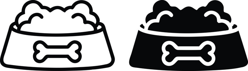 Minimalist Pet Food Bowl Icon with Dog Kibble and Bone Outline – Vector Line Art