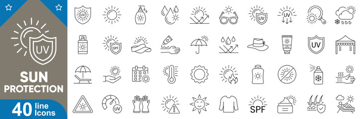 Sun protection line editable icons set. Including UV safety, sunscreen, shield, sunglasses, skin care, UV meter, cooling spray, warning, protective clothing and more. Vector illustration