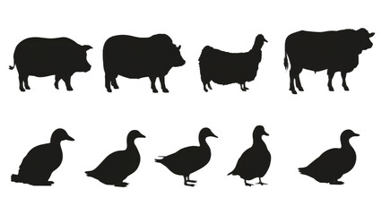 Farm Animals Silhouettes Pig, Cow, Chicken, Duck Illustrations