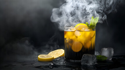 Сocktails on a dark background with smoke. Dramatic light, strong drink vibe, bar style, mysterious and bold atmosphere and presentation.