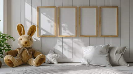 Bright and minimalist nursery room with soft natural light, featuring a large stuffed bunny on the bed and framed wall art. A warm, serene environment for children.