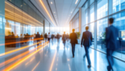 Fototapeta premium Blurred motion shows people walking through a large modern hall with glass walls.