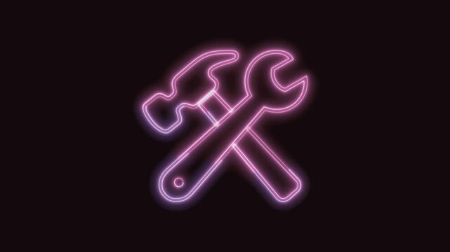 Hammer and Wrench Icon Neon Seamless Loop 4K with Black Background Animated Promotional Typography for Video Editing