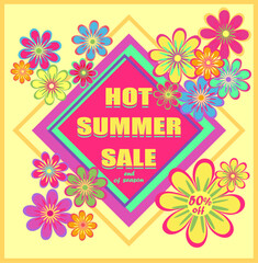 Badge or label typography offer for summer seasonal sale with colorful flowers