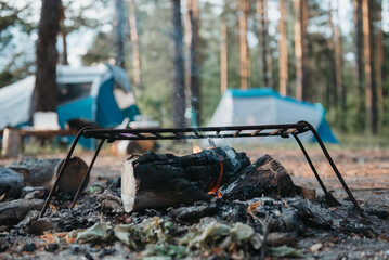 bonfire in nature against the background of tents