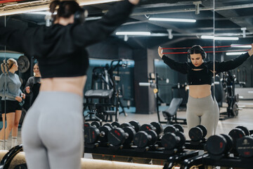A fitness enthusiast performing a resistance band workout in a gym setting with mirrors, showcasing...