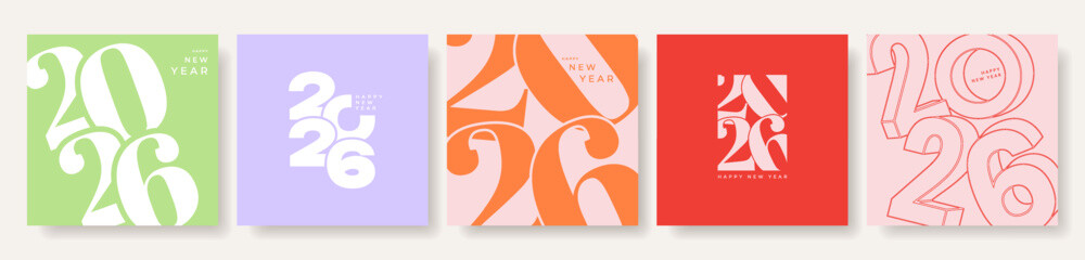 Set of Happy New Year 2026 logo design template with numbers and typography. Trendy minimalist vector illustration. Creative concept for branding, calendar, greeting card, banner, poster © Svitla