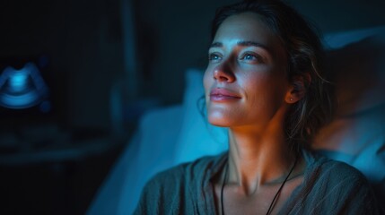 Woman peacefully alone in scan room, ultrasound probe in hand 