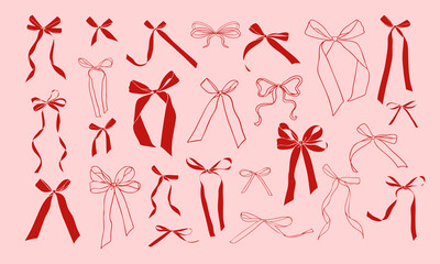 Set of doodle hand drawn trendy coquette red bows and ribbons. Whimsical minimalist vintage vector illustration for holiday poster, greeting cards, wedding invitations, branding