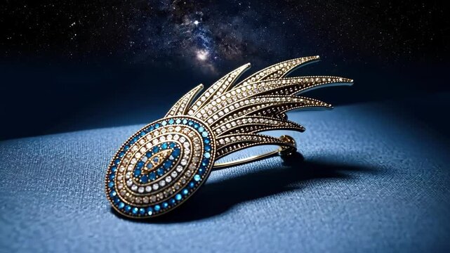 Elegant diamond brooch jewelry set against a night sky and blue background.