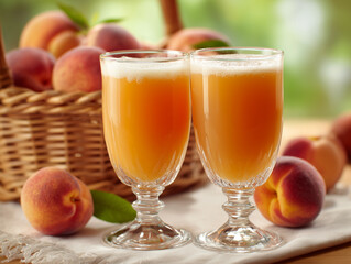 Fototapeta premium Two refreshing glasses of freshly squeezed peach juice with a foamy top, surrounded by ripe peaches and a rustic wicker basket, perfect for summer.