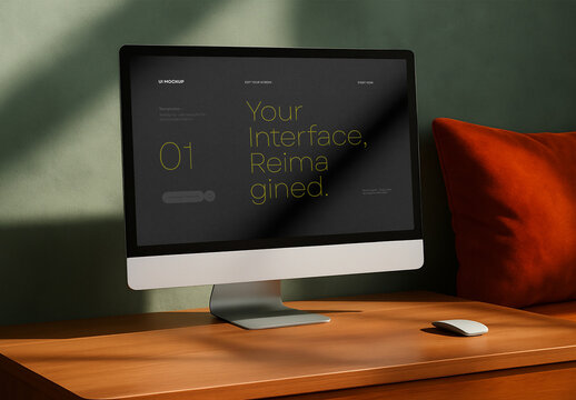 Desktop Screen Mockup on Wooden Desk &ndash; Realistic UI Presentation with Soft Sunlight