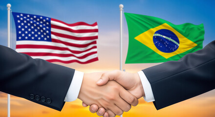 USA and Brazil people shake hands in front of waving national flags at sunrise. Concept of agreement and hope in politics and bureaucracy.