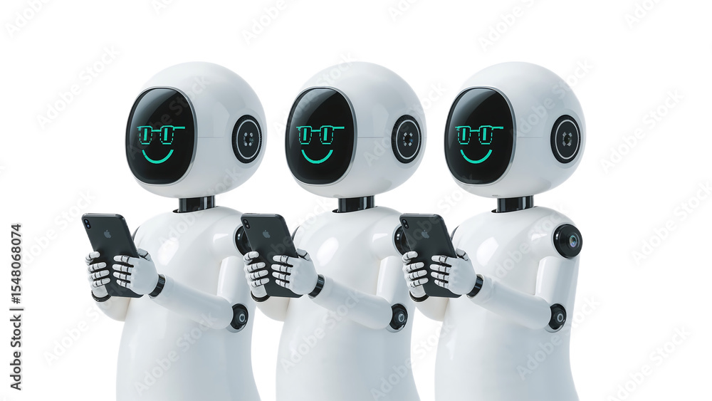 Poster three friendly robots using tablets ai collaboration and technology