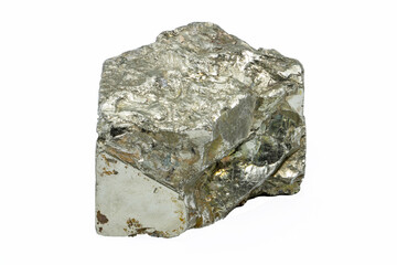 Close-up of pyrite mineral, isolated on white background.