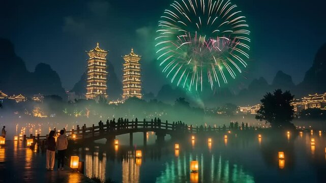 Night Festival with Pagoda, China, and Fireworks.