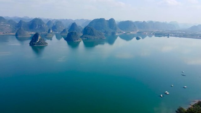 Aerial view of karst landscape at Quyang Lake Scenic Area, Jingxi, Baise, Guangxi, China