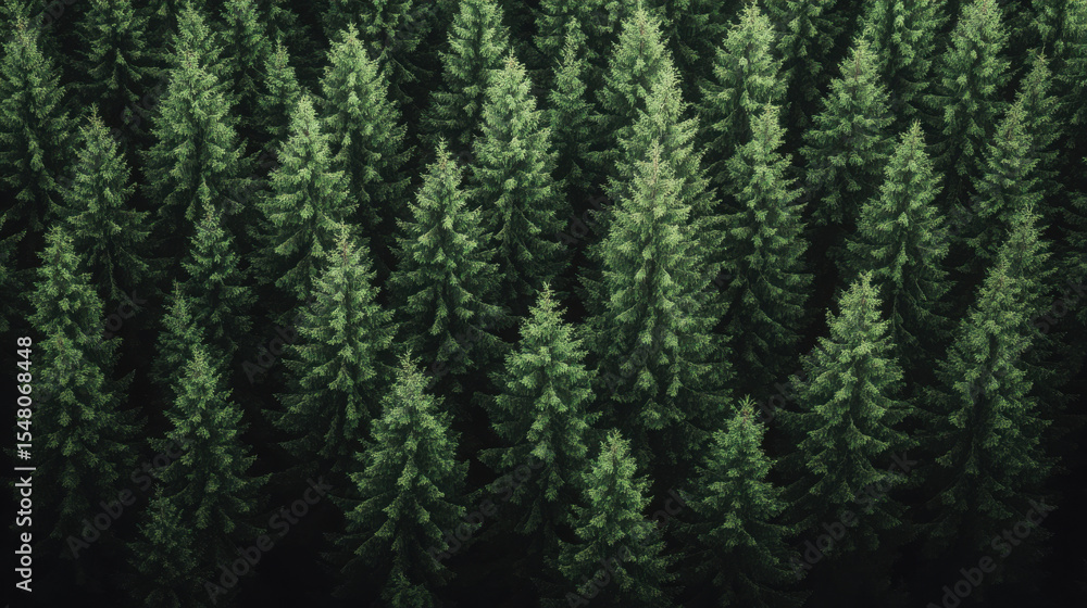 Poster dense forest of green pine trees captured from an aerial top down view. nature background texture fo