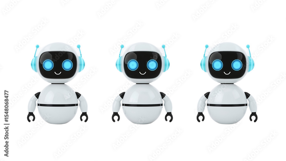 Poster three cute robots ai, technology, and automation concepts