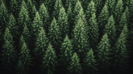 Dense forest of green pine trees captured from an aerial top down view. Nature background texture for environmental concept.