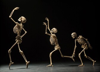 This captivating image features three detailed skeletons in various dynamic poses against a completely black backdrop.