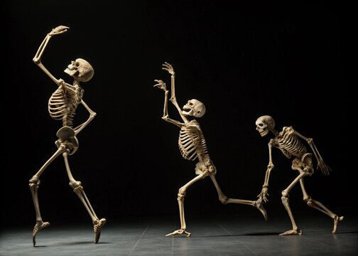 This captivating image features three detailed skeletons in various dynamic poses against a completely black backdrop.