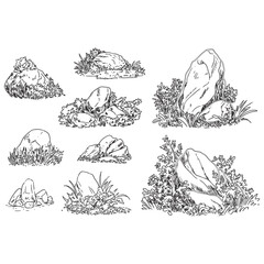 Hand-Drawn Rock and Bush Set with Grass Outline Landscape Elements
