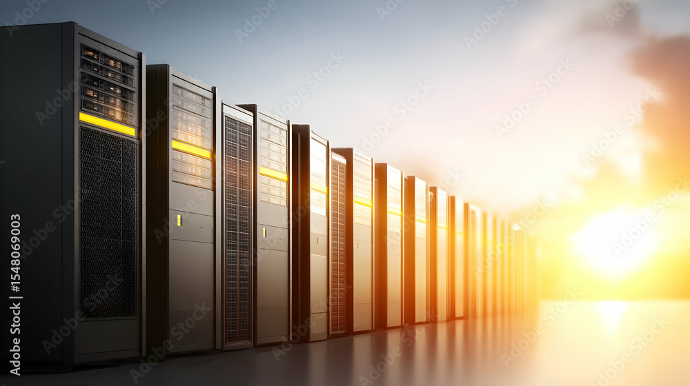 Poster server racks aligned under bright sunlight representing data and technology
