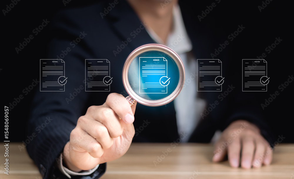 Poster document management, file search and auditing, folder data analysis. close up to hand, hold magnifie