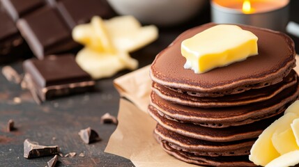 Delicious Stack of Rich Chocolate and Creamy Butter on Wooden Table