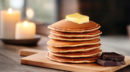 Delicious Stack of Pancakes Topped with Rich Creamy Butter and Syrup