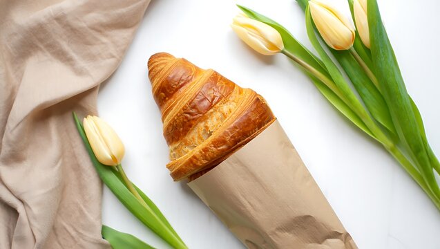 A delicious golden brown croissant wrapped in brown paper sits next to delicate yellow tulips and a soft beige fabric on a white marble surface creating a beautiful and inviting breakfast scene