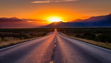 a long straight road stretches into the distance disappearing into a vibrant sunset over a mountain range